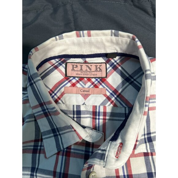 Thomas Pink Shirt Men’s White Blue Red Checker Cotton Button Down XL Y2K - Picture 4 of 9